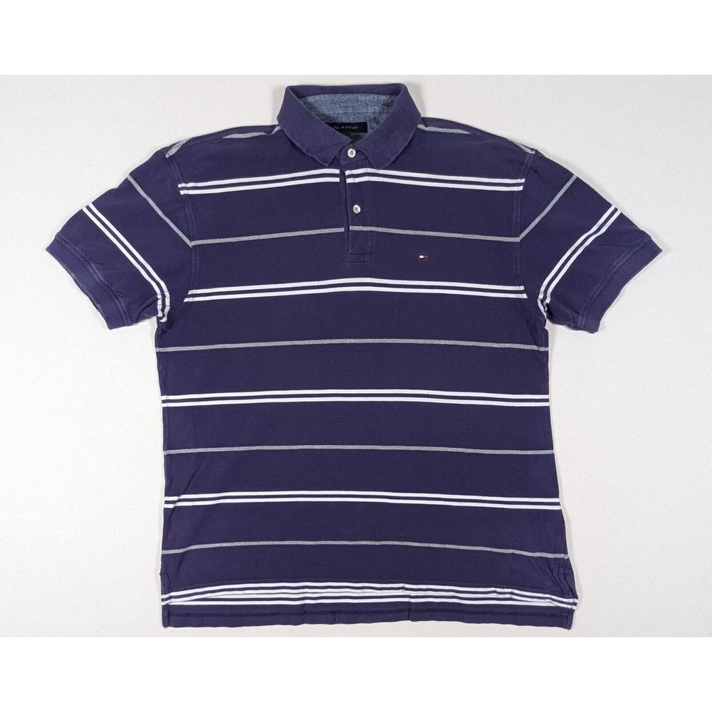 Tommy Hilfiger Vintage Polo Shirt Mens XL Purple White Striped Short Sleeve Y2K